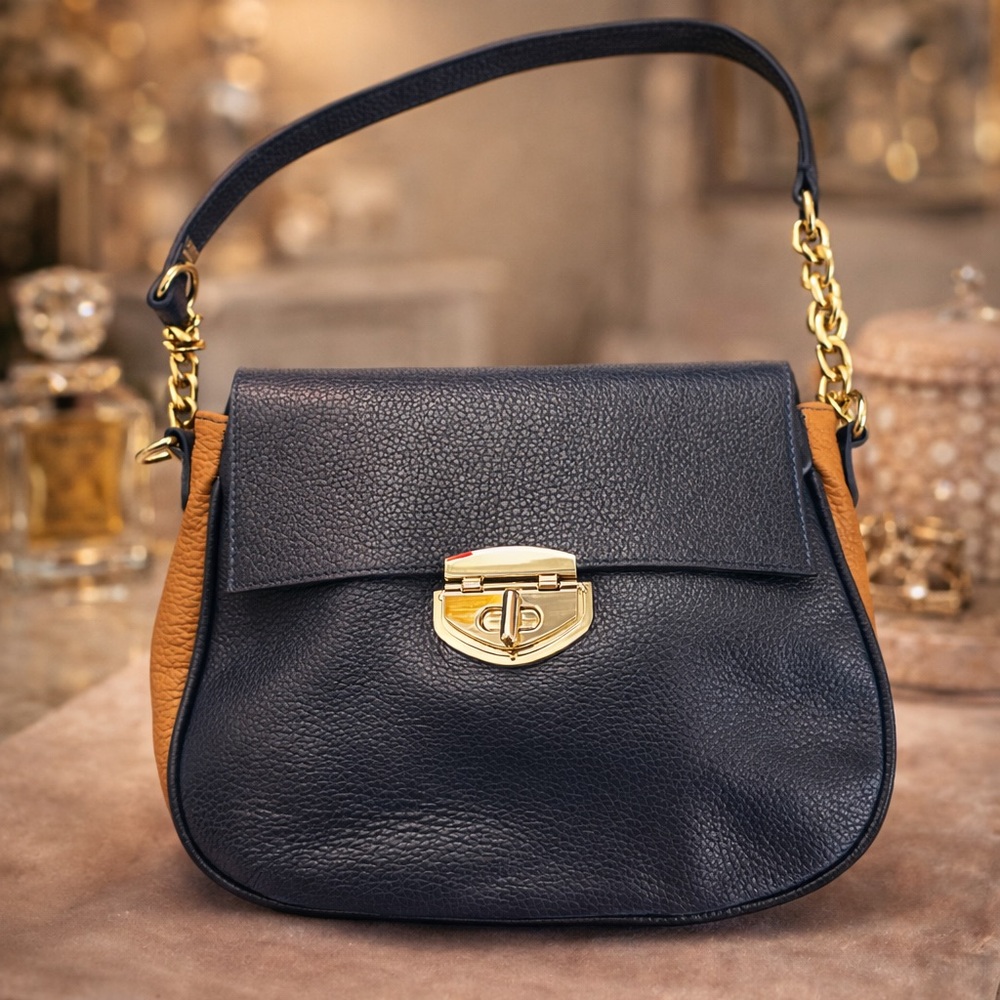Salamander France Genuine Leather Shoulder Crossbody Bag Blue Gold Chain
